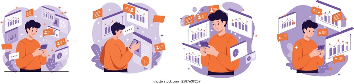 A modern illustration of a man using a smartphone surrounded by data charts and analytics icons representing online business insights and digital marketing strategies