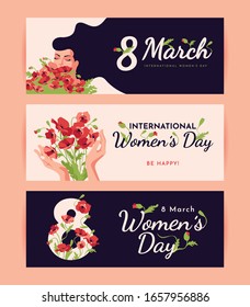 Modern illustration of March 8, with a beautiful woman and flowers. International Women's Day colorful vector templates for banner, card, poster, flyer and other