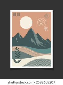 Modern illustration of a mountain with a boho style and unique, calm colors