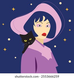 A modern illustration of a mysterious woman in a pink hat, accompanied by a black cat under starry skies.