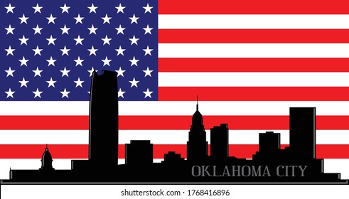 Modern illustration of Oklahoma City downtown skyline silhouette with red, white and blue American flag stars and stripes background Illustrator 10 eps vector graphic design