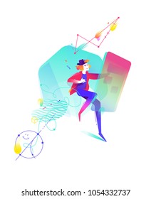 Modern illustration on the theme of mobile technology. A young man at the display, a business idea and a start. Vector flat illustration. Illustration for banner and print. Gradient. Figures.