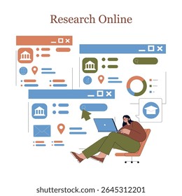 A modern illustration of online research, showing various web pages and a user engaging with digital content.