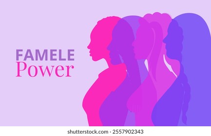 Modern illustration of overlapping female silhouettes in vibrant pink and purple hues with "Female Power" text, symbolizing unity, empowerment, and strength.