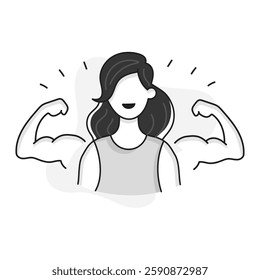 A modern illustration of a powerful woman flexing her muscles, representing empowerment, resilience, and strength. Ideal for women's fitness, motivation, and self-confidence themes.