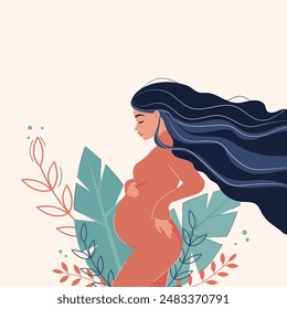 A modern illustration of pregnancy and motherhood. A beautiful pregnant girl smiling and holding her belly against a background of abstract leaves. 