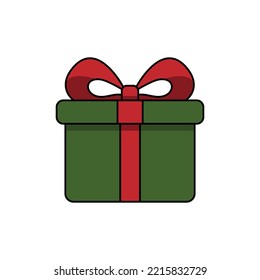 Modern illustration of present gift box with ribbon. Flat vector with shadows, outline isolated on white background. Trendy Christmas, Birthday holidays clipart