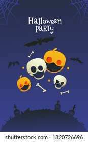 Modern illustration of a pumpkin and a skull for Halloween. Evil skulls and pumpkins in masks on the background of a cemetery and bats. Bright invitation to a halloween party.