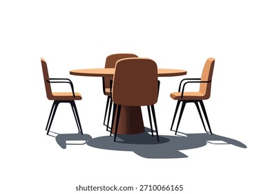 Ilustración moderna de una mesa redonda con cuatro sillas ordenadas, ideal para espacios de reuniones, diseños de comedor y conceptos de diseño de interiores