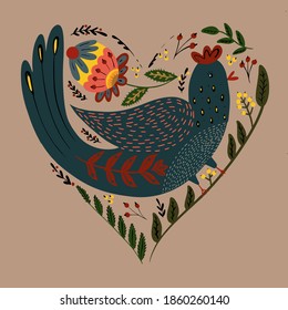modern illustration in Russian style, flowers, leaves, bird