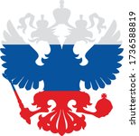 Modern illustration of Russian symbol silhouette in national flag colors two headed bird / eagle with wings, crowns, banner ribbon and scepter illustrator 10 eps format easy editable
