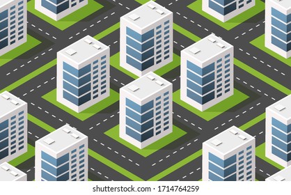 Modern illustration seamless pattern for design game and business shape background Isometric module city from urban building vector architecture.