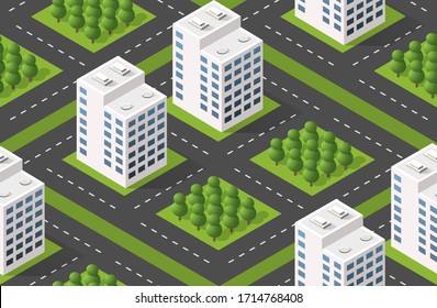 Modern illustration seamless pattern for design game and business shape background Isometric module city from urban building vector architecture.