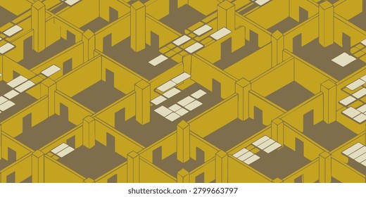 A modern illustration showcases a repeating pattern of industrial buildings with white windows in a grid-like urban environment viewed from above. Backrooms