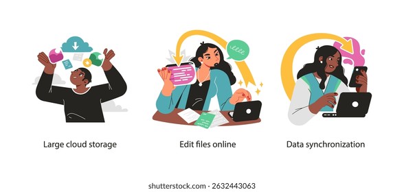 Modern illustration showing cloud storage, real-time file editing, and cross-device data synchronization for productivity and workflow.