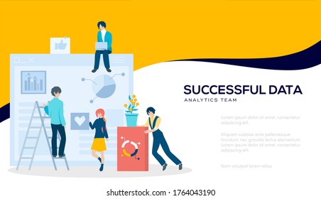 Modern illustration slider site page. Successful data analytics team web banner. Successful work concept. Background working with data. Graphic design image.