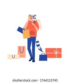 Modern illustration slider site page. A trip to the shopping Mall concept. Search for gifts and necessary goods in the shopping center web banner. Make a purchase background. Vector image design.
