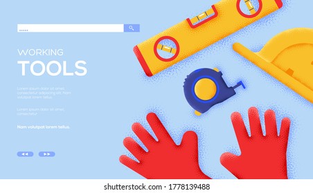 Modern illustration slider site page. Vector design image. Building tool concept flyer, web banner, ui header, enter site. Grain texture and noise effect.