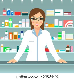 Modern Illustration Smiling Female Pharmacist Counter Stock Vector ...