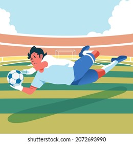 ilustración moderna del partido de fútbol, éxito del portero atrapar el balón antes de entrar en el gol