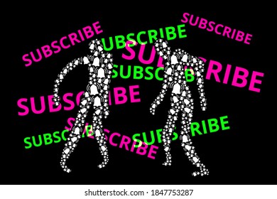 Modern illustration of social media. SUBSCRIBE text on black background. Zombie from the bell symbol pattern. Don't miss new illustrations, subscribe to the channel.