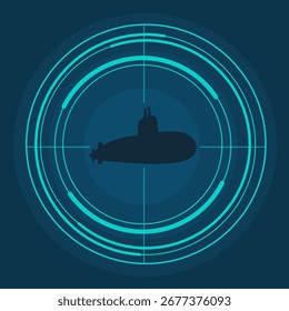 A modern illustration of a sonar radar screen with circular waves and a submarine silhouette inside representing navy technology and underwater military surveillance concept