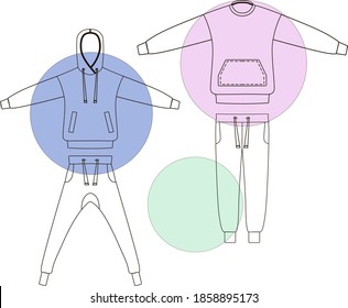 
Modern illustration of sportswear. Outline image of knitted jumper and trousers hoodie. Three tinted circles form the pattern.