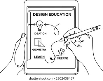 Modern illustration of tablet display with an interactive stylus pen, design education, hand drawn outline vector illustration.