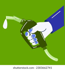 Una ilustración moderna del tema del recargo de un coche en una estación de servicio. La pistola de reabastecimiento está en manos del maestro. Un icono o logotipo de una gasolinera. Logo del servicio de dibujos animados de estilo plano. Transporte
