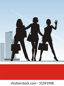 Modern illustration with three female figures. In hands at them packages with purchases. On a distance shot a city landscape.