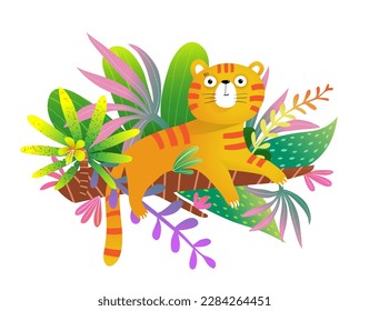 Modern Illustration of a Tiger in Jungle, Relaxing on a Branch with Tropical Leaves. Colorful modern quirky graphic collage Illustration for Kids. Isolated vector design for children's books, posters.