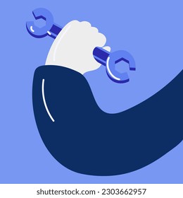 A modern illustration of the topic of car repair at a service station. The wrench is in the hands of the master. The icon or logo of the repair of equipment. Cartoon repair logo in Flat style Printing
