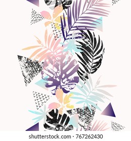 Modern illustration with tropical leaves, palm tree, marble, grunge textures, doodles, geometric, minimal elements. Creative seamless pattern with gradient. Abstract vector art background