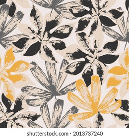 Modern illustration with tropical leaves, rough grunge textures. Creative seamless pattern. Beautiful abstract tropics grunge leaves background. Vector art for summer design, botanical fabric, textile