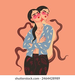 Moderne Illustration Vektorgrafik, Charakter Bild für soziale Beispiele. Schöne Frau in trendigen Kleidern