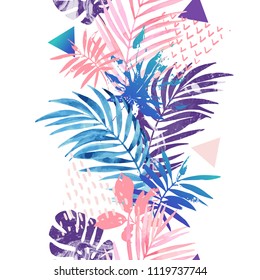 Modern illustration with watercolor tropical leaves, grunge textures, doodles, geometric, minimal elements. Creative seamless pattern inspired by summer holidays Abstract vector art background