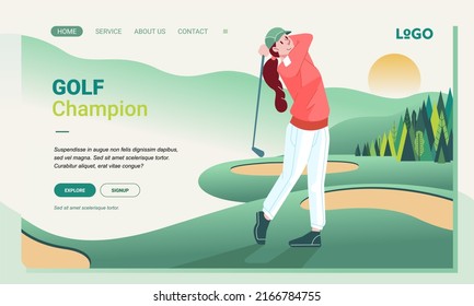 Modern illustration woman golf player character sport Landing Page Design for web page and app concept. woman playing on golf course