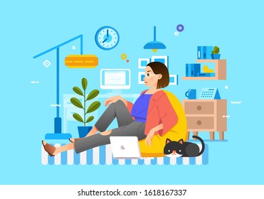 modern illustration of women stiting on bean bag with laptop and cat beside her and living room interior as background. use for creative bussines landing page, free lancer and other.