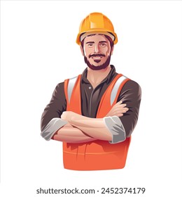 modern illustration of a worker wearing a helmet and work safety vest folding his arms across his chest with confidence