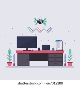 Modern Illustration of Workplace: Desk, Computer, Plants, Lamp, Laptop, Mug and more.