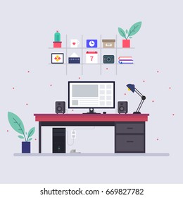 Modern Illustration of Workplace: Desk, Computer, Plants, Clock, Calendar, Lamp, Speakers, Napkins, Cactus and more.