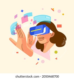 modern illustration of young women on virtual reality glasses and touch visual interface vector illustration. used for web image, poster and other