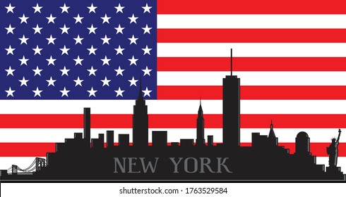 Modern illustrations of the city of New York downtown buildings skyline silhouette with American flag red, white and blue stars and stripes background Illustrator 10 eps vector graphic design