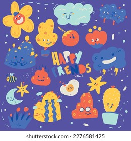 ilustraciones modernas de elementos primaverales, coloridos y felices, objetos con rostros adorables