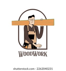 Modern illustrative logo for a carpentry business. Young adult carpenter smiling while holding a plank of wood in woodworking workshop. Man standing, holding board in his hands.