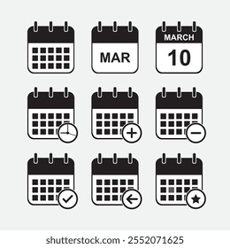 Modern Illustrator Black Calendar Icons Set | Minimalist Vector Design for Planners, Apps, and Websites | Editable and Scalable EPS Files | Perfect for Projects in 2024 and Beyond