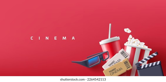 Modern image of movie watching concept. Popcorn, 3D glasses, tickets, drink, clapper. Elements for the design of cinemas, online viewing. Illustrations on a red background.