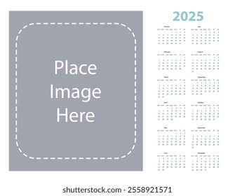 Modern image placeholder and vector calendar for the whole year 2025