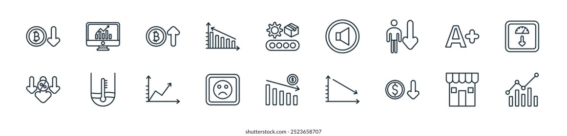 modern increase and decrease icon pack. perfect for linear ui designs featuring vector bar chart, shop, price down, decrease, decrease, sad face, line graph and more icons for mobile and web apps.