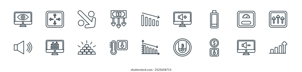 Perfecto para diseños de interfaz de usuario lineal con gráfico de barras de Vector, volumen hacia abajo, dólar, nivel de agua, disminución, baja temperatura, lingote de oro y más iconos para móviles